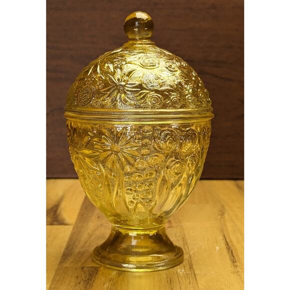 Vtg Avon 60s Glass Candy Trinket Dish Footed Floral Molded Glass Yellow Citron - Picture 8 of 16